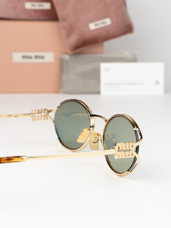 Miu Miu Women Sunglasses Gold Green Mirror Silver Oval MU52YS 5AK04M BRAND NEW main image 5